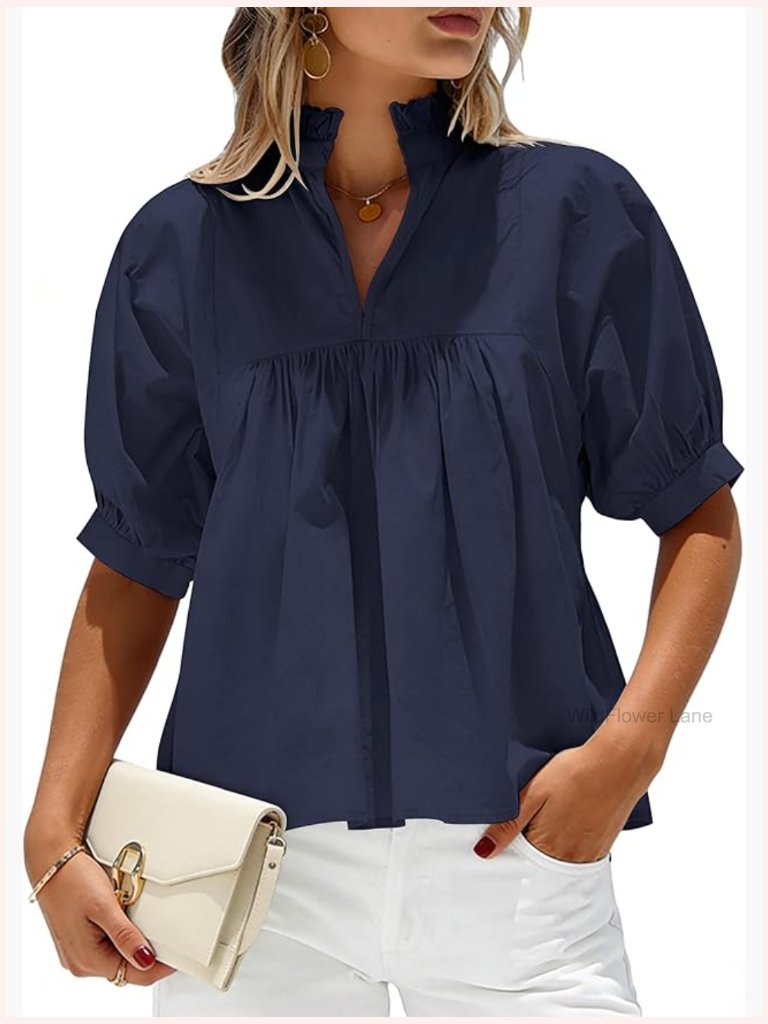 Puff Sleeve V Neck Babydoll Blouse Dressy Casual Loose Fit Top